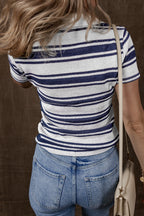 Stripe Johnny Collar Short Sleeve Knit Top