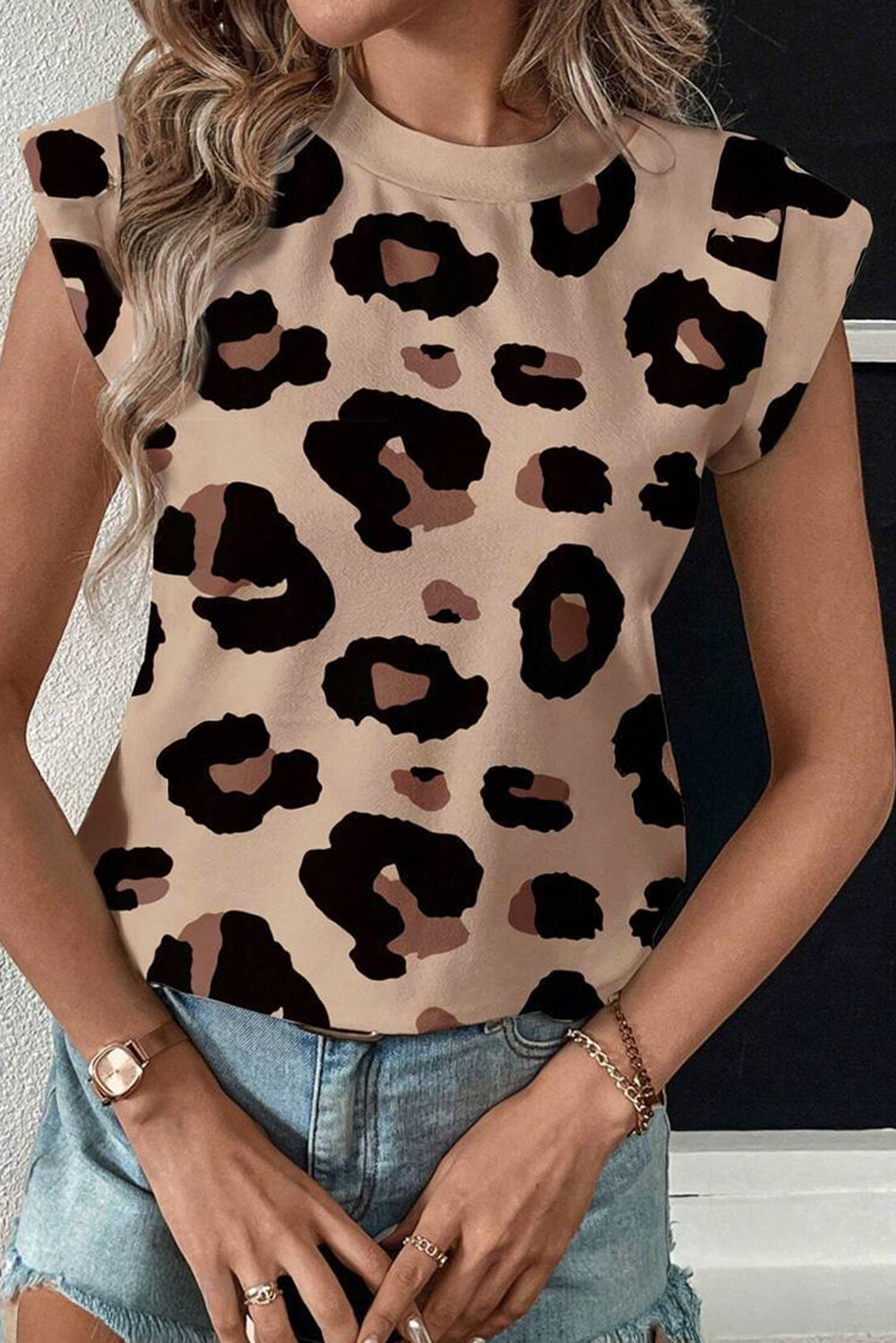 Leopard Round Neck Cap Sleeve T-Shirt