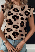 Leopard Round Neck Cap Sleeve T-Shirt