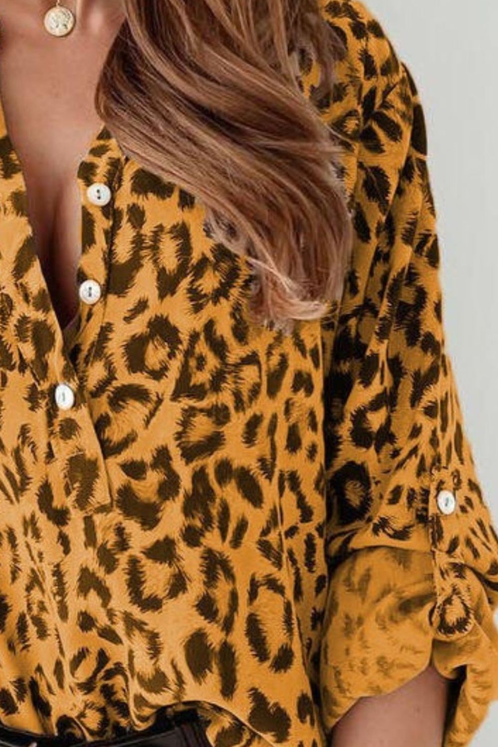 Leopard Button Detail Notched Long Sleeve Blouse - felvior