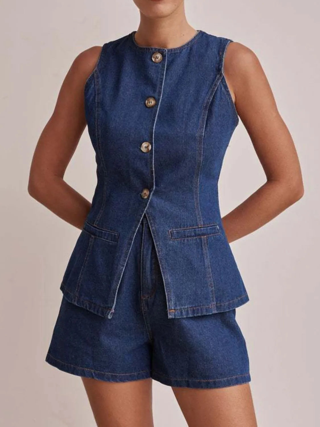 Button Down Vest and Shorts Denim Set