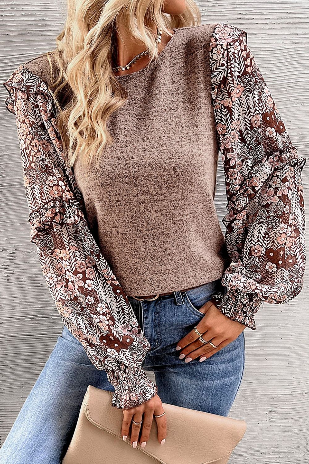 Heathered Floral Frill Lantern Sleeve Blouse - felvior