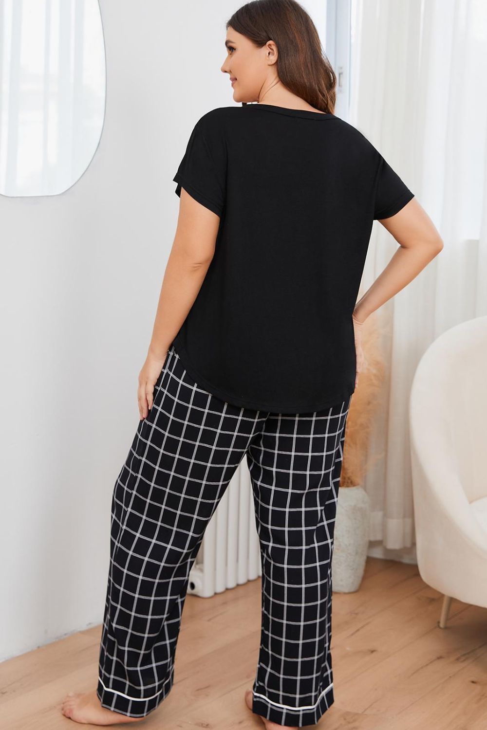 Plus Size V-Neck Top and Plaid Pants Lounge Set Secondary image