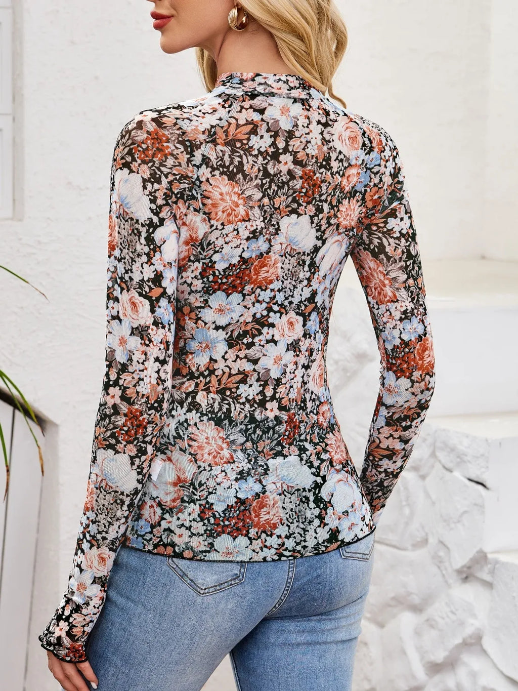 Floral Mock Neck Long Sleeve Top