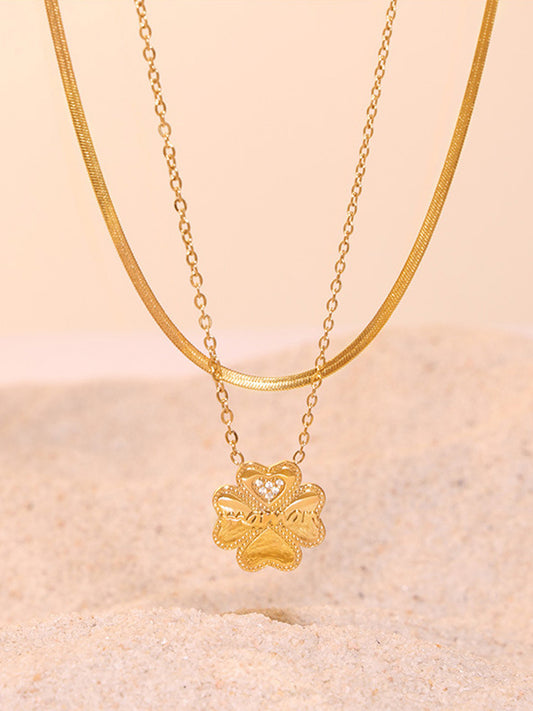2 Piece 18K Gold-Plated Inlaid Zircon Lucky Clover Necklace - felvior
