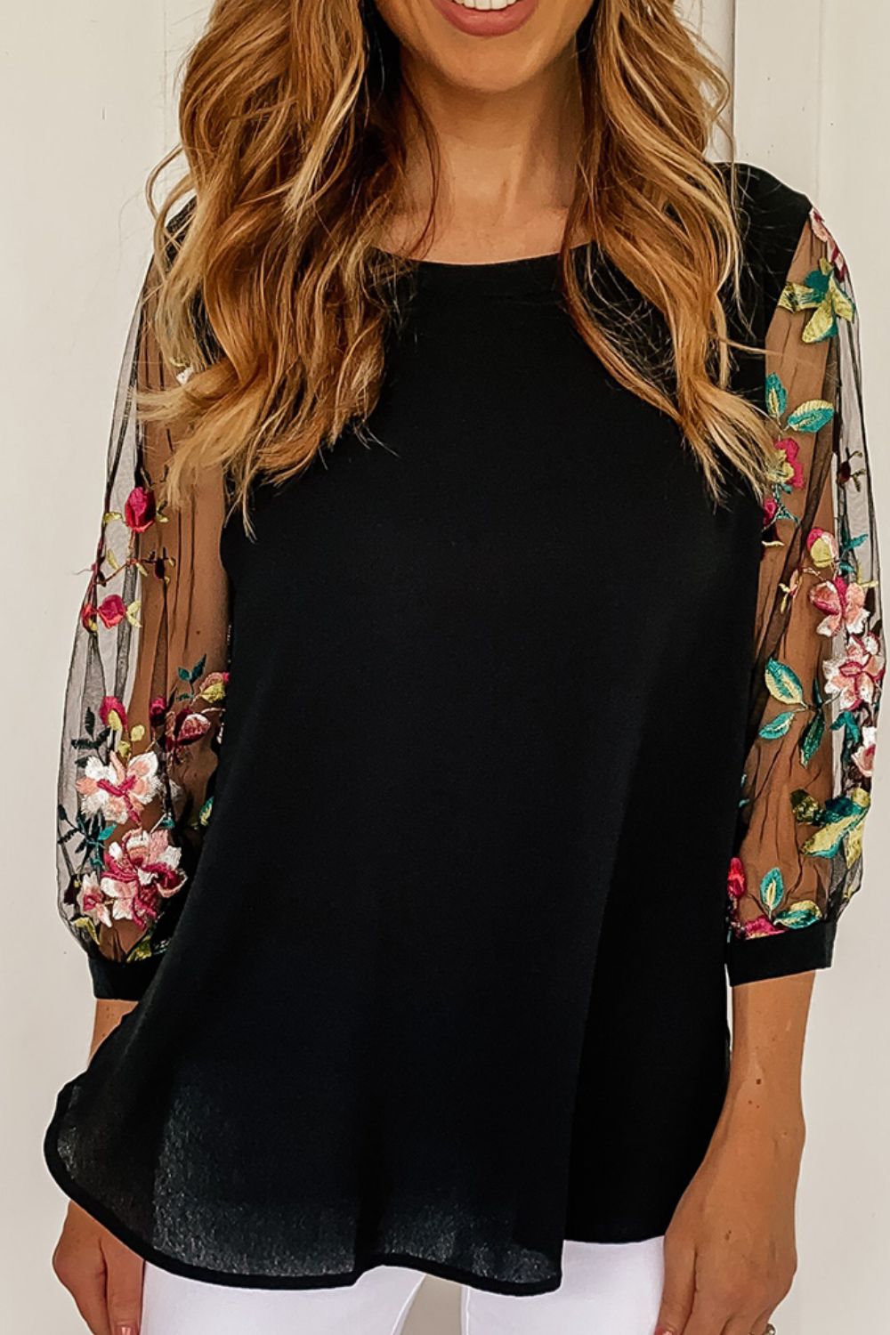 Floral Embroidered Sleeve Round Neck Blouse