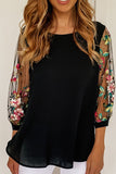 Floral Embroidered Sleeve Round Neck Blouse - felvior
