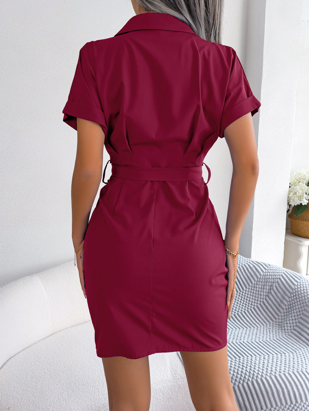Button Down Ruched Tie Belt Dress - felvior