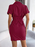 Button Down Ruched Tie Belt Dress - felvior