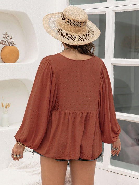 Plus Size Swiss Dot Tie Neck Long Sleeve Blouse - felvior