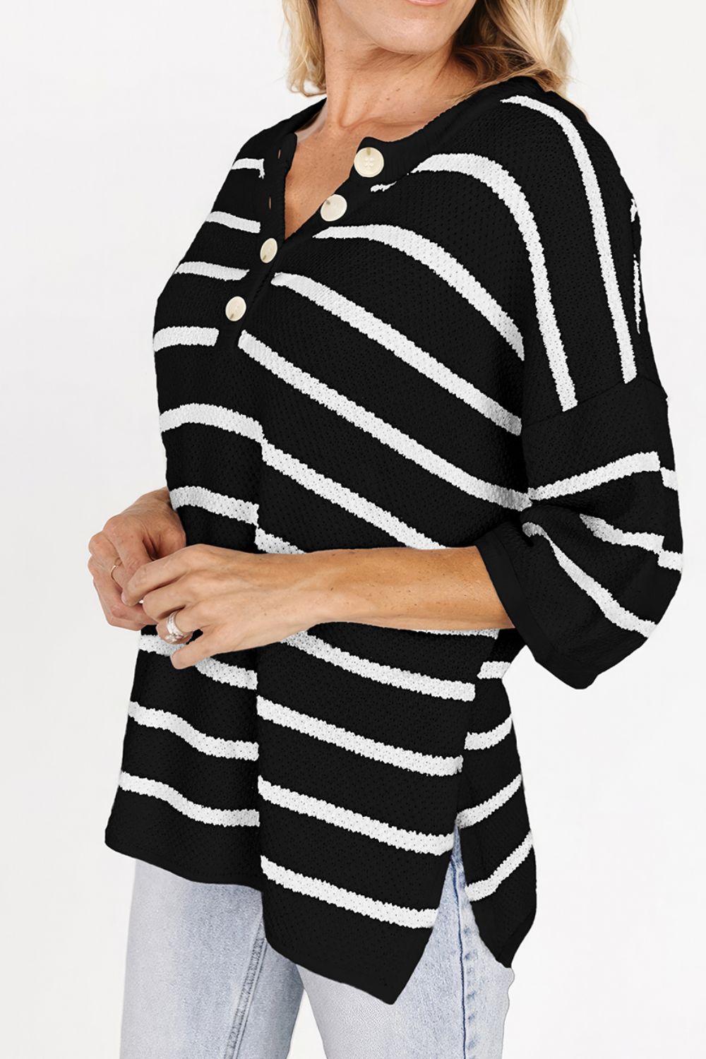 Stripe Drop Shoulder Side Slit Knit Top