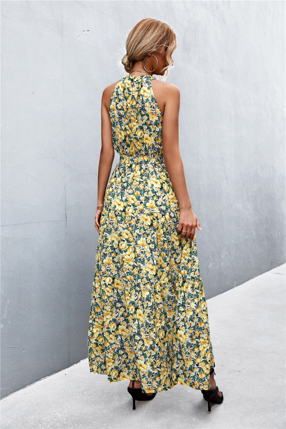 Printed Sleeveless Tie Waist Maxi Dress - felvior