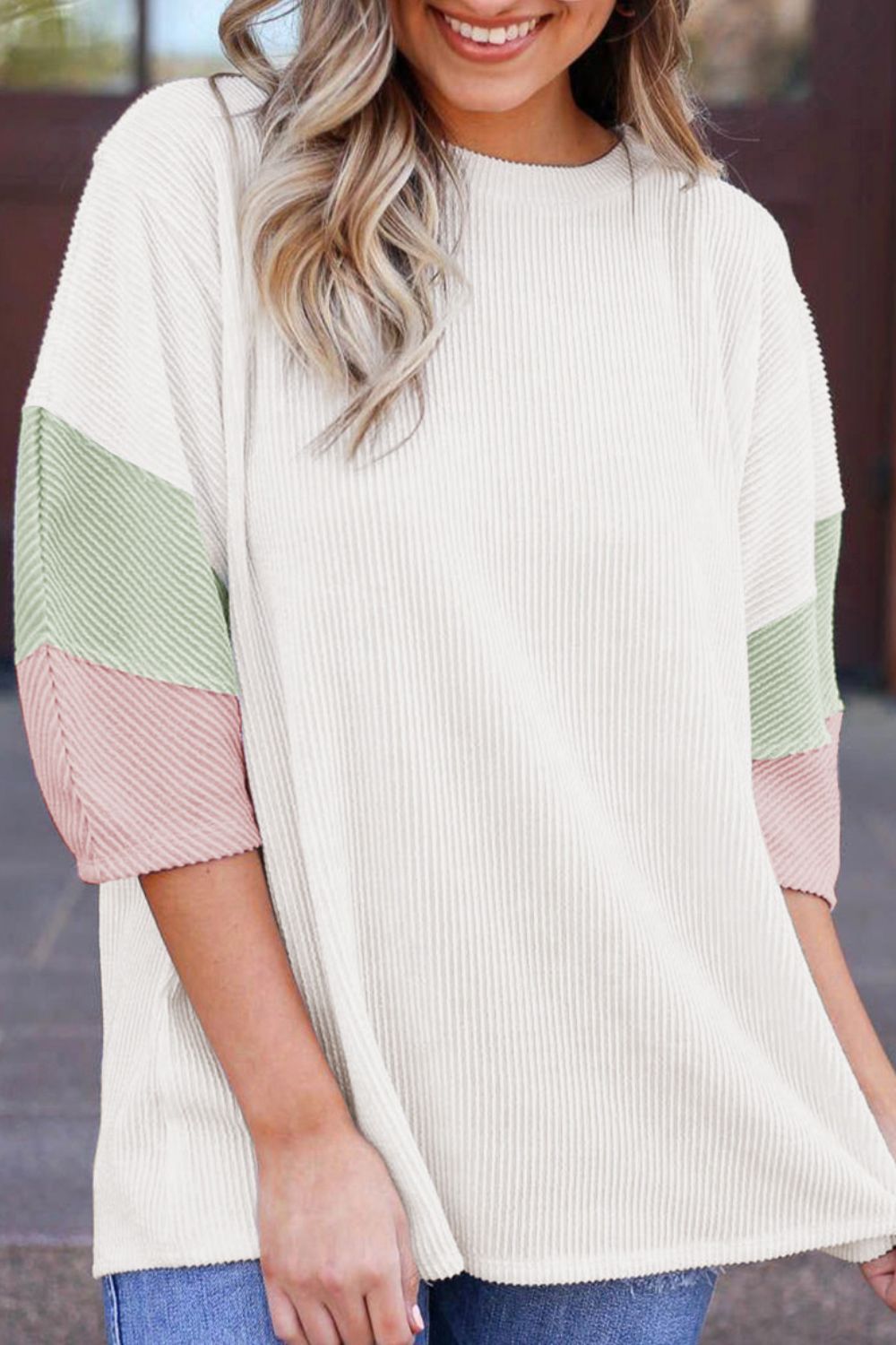 Color Block Ribbed Knit Three-Quarter Sleeve Top Image principale du produit