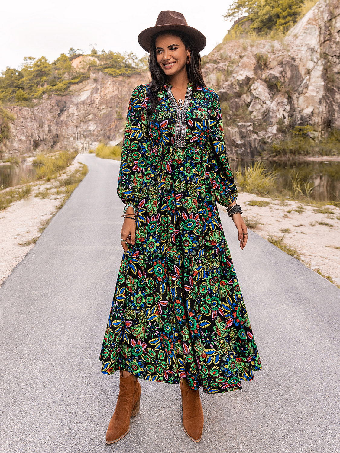 Printed Notched Neck Maxi Dress - felvior