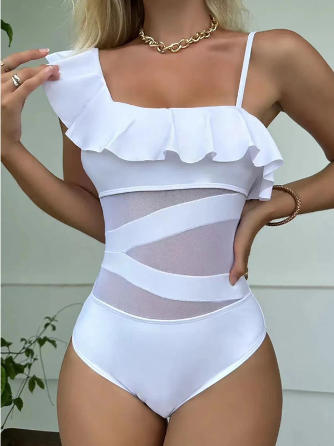 Asymmetrical Ruffled One-Piece Swimwear - felvior