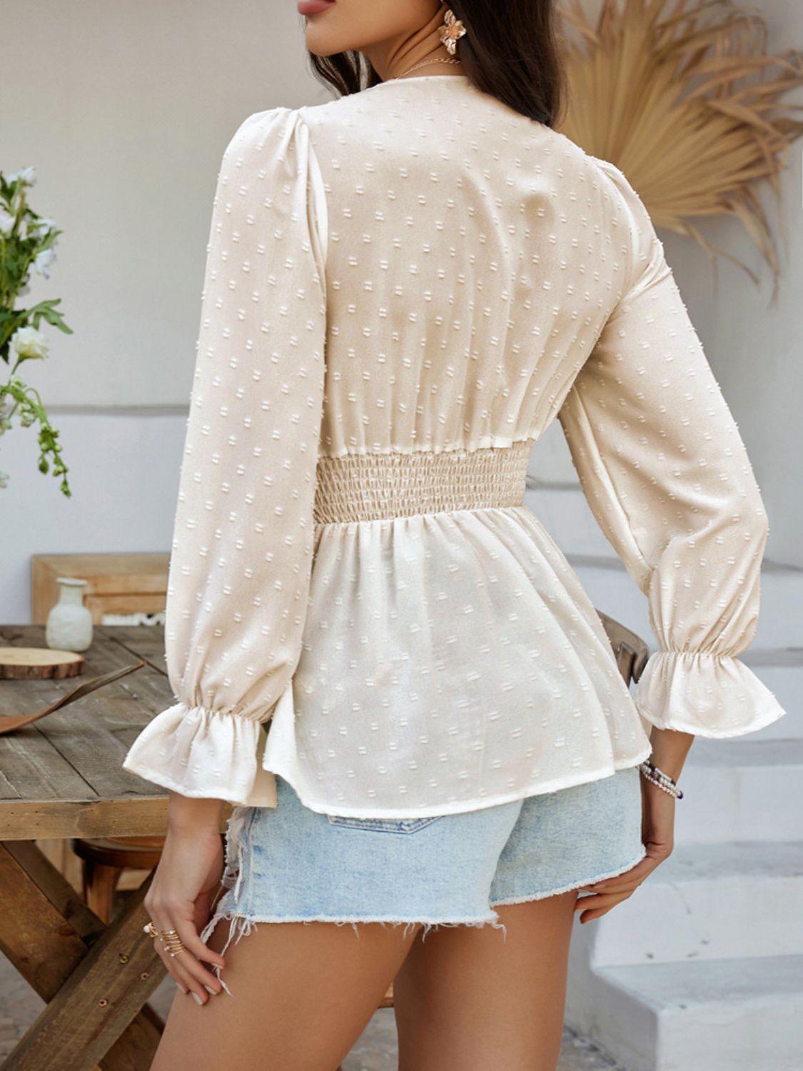 Devine Swiss Dot Lace Detail Surplice Flounce Sleeve Blouse - felvior