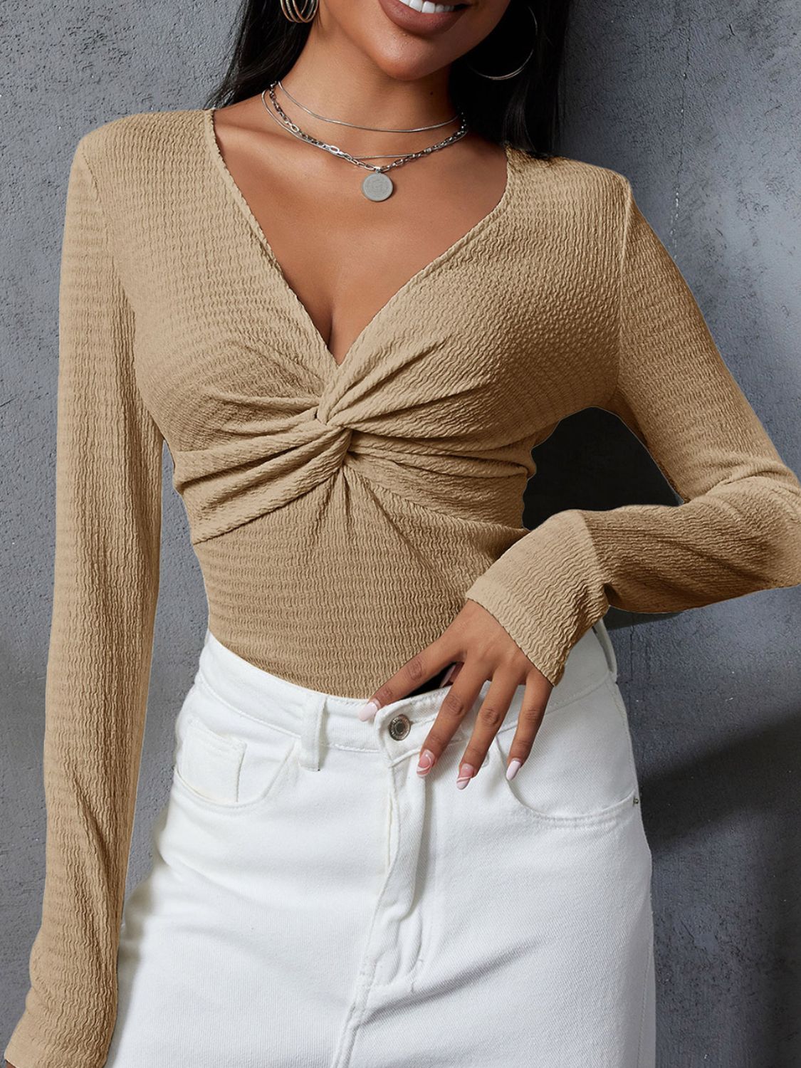 Twisted V-Neck Long Sleeve Blouse - felvior