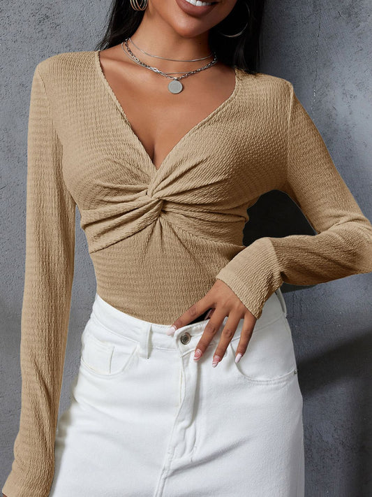 Twisted V-Neck Long Sleeve Blouse - felvior