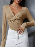 Twisted V-Neck Long Sleeve Blouse - felvior