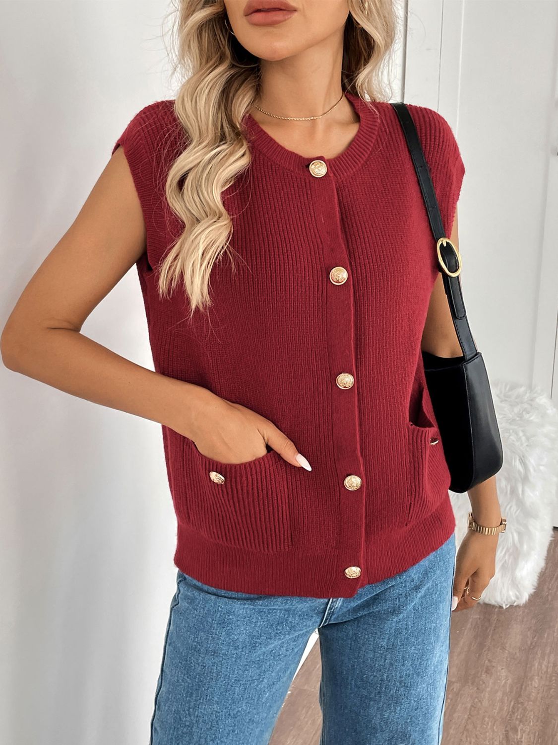Perfee Pocketed Round Neck Cap Sleeve Cardigan Hauptbild