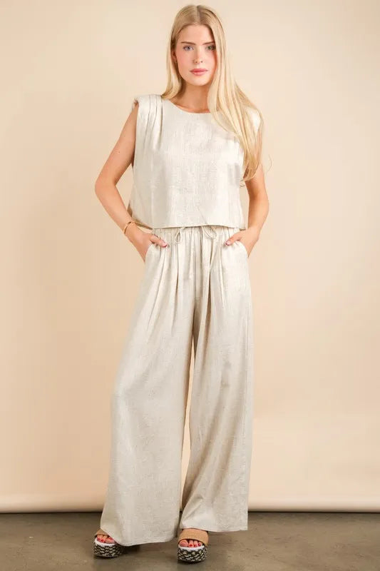 VERY J Solid Woven Top & Pants Set - felvior