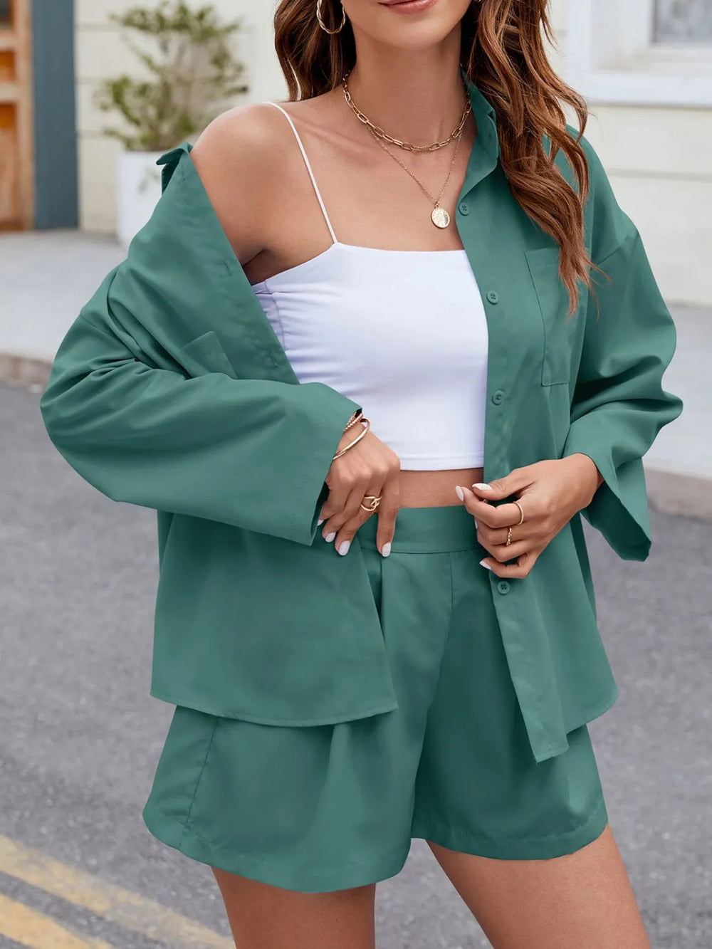 Button Up Long Sleeve Top and Shorts Set