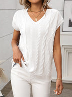 Cable-Knit V-Neck Short Sleeve Knit Top