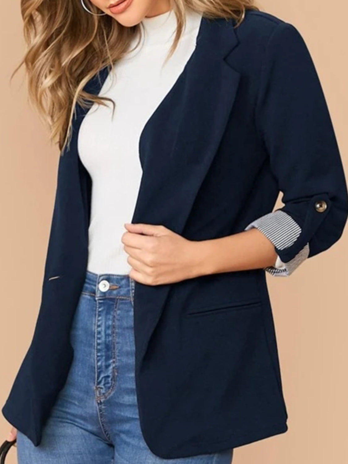 Lapel Collar Roll-Tab Sleeve Blazer - felvior