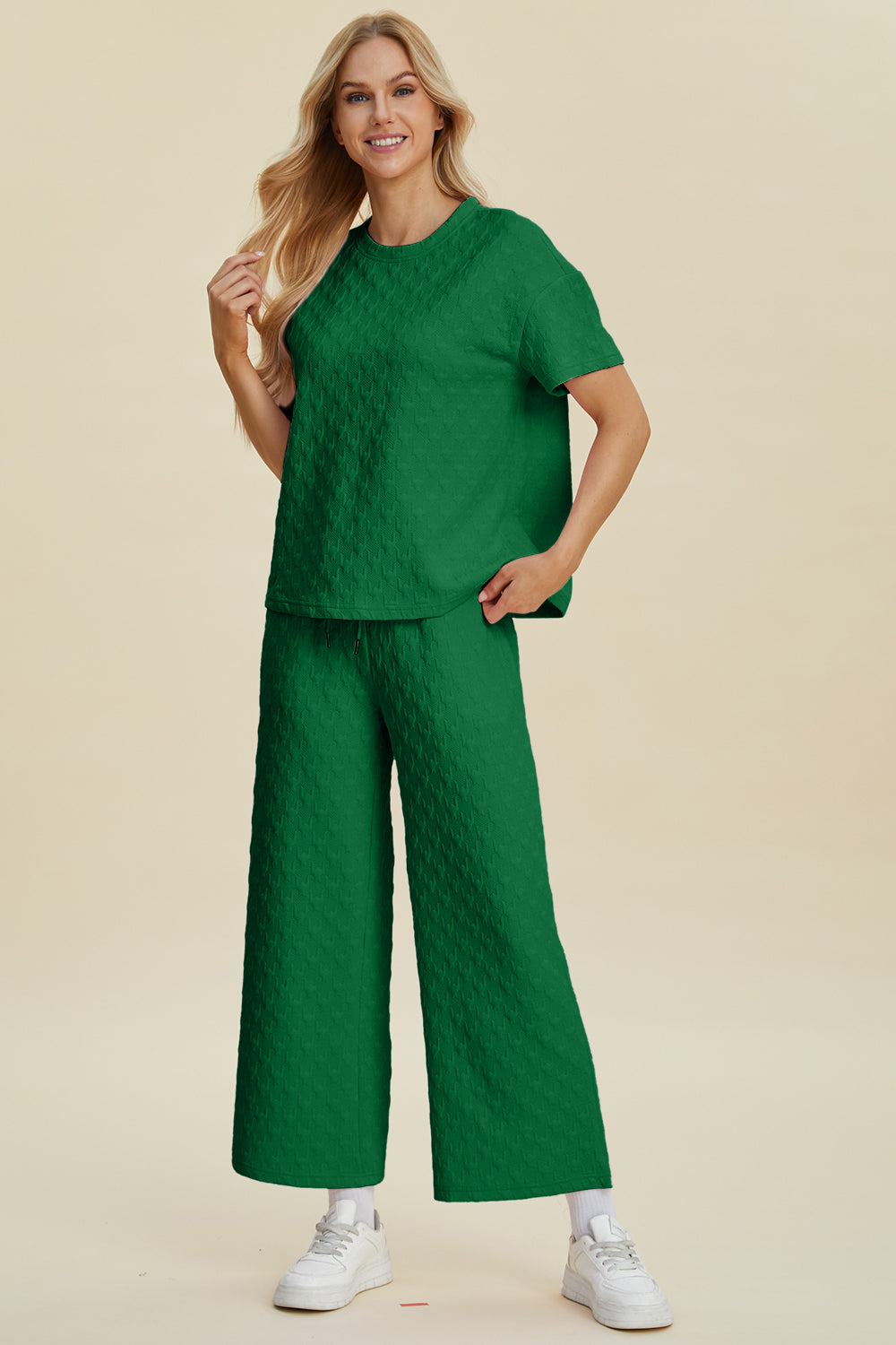 Double Take Full Size Texture Round Neck Short Sleeve Top and Pants Set Secondary image