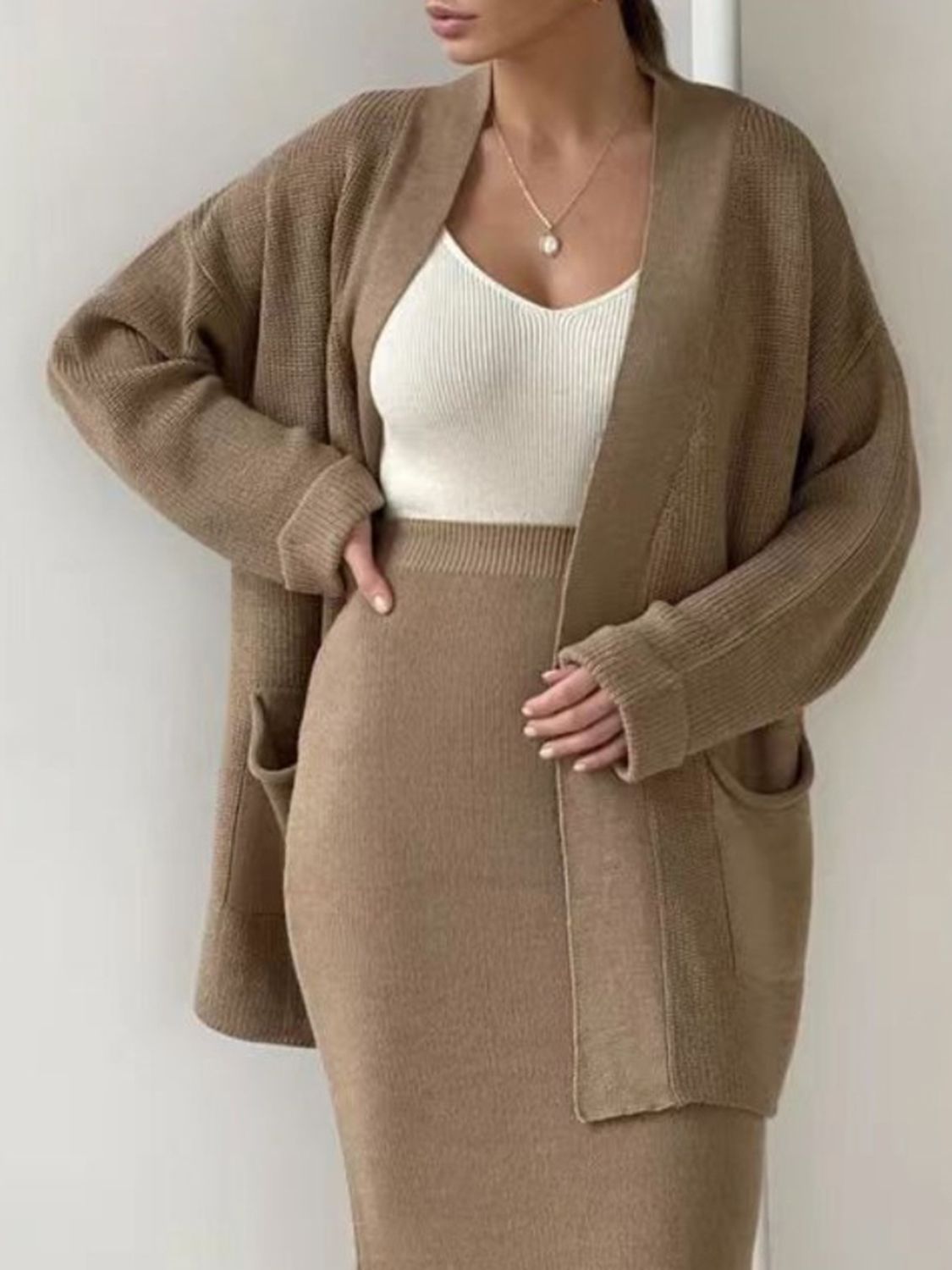 Pocketed Long Sleeve Cardigan and Skirt Sweater Set - felvior