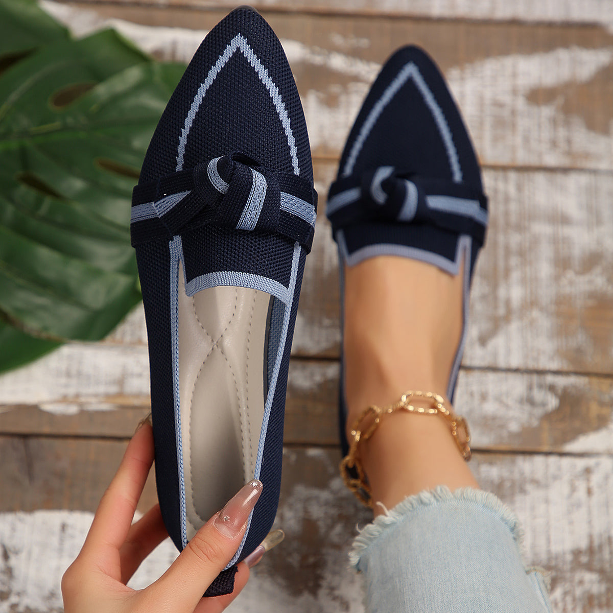Bow Contrast Trim Point Toe Loafers - felvior
