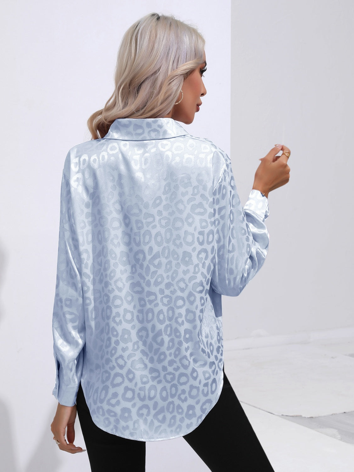 Leopard Collared Neck Long Sleeve Shirt - felvior