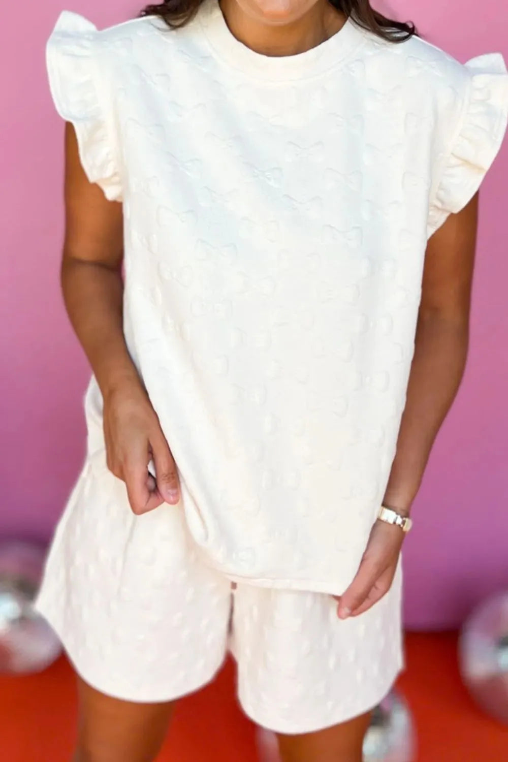 Bow Texture Round Neck Top and Shorts Set