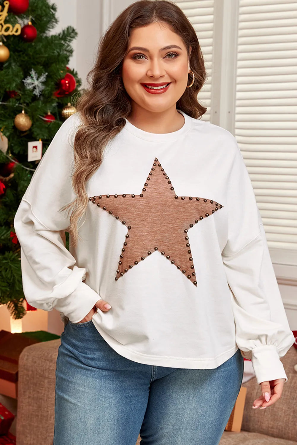 Plus Size Studded Star Round Neck Long Sleeve Blouse Main image