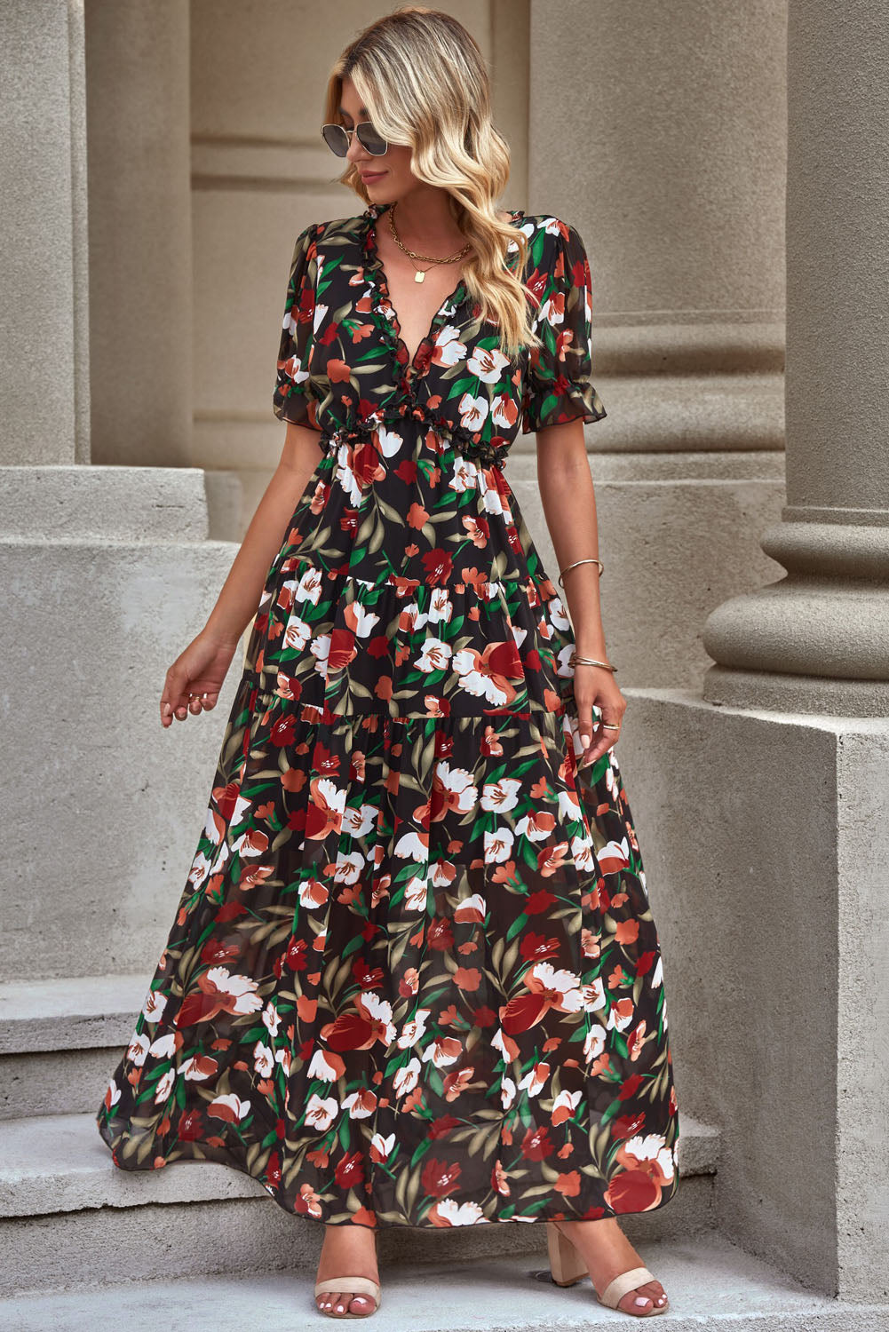 Floral V-Neck Short Flounce Sleeve Dress - felvior