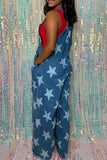 Star Print Buttoned Strap Wide Leg Denim Overalls - felvior