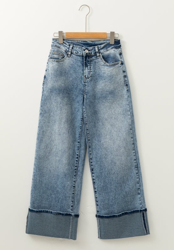 Washed Wide Leg Jeans with Pockets - felvior
