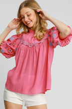 Umgee Full Size Embroidered Puff Sleeve Mock Neck Top Plus Size