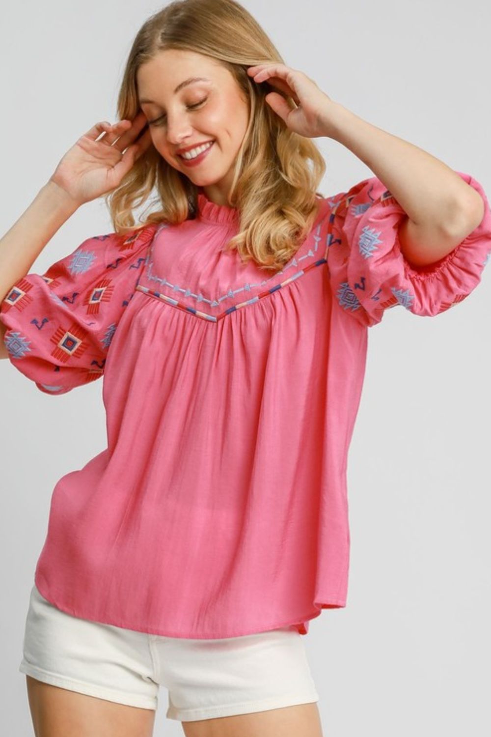Umgee Full Size Embroidered Puff Sleeve Mock Neck Top Plus Size - felvior