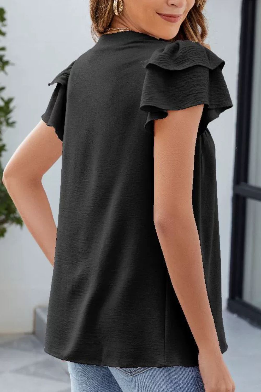 Ruffled Notched Short Sleeve Blouse - felvior