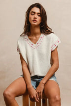 BiBi Knit Solid Contrast Stitch Detail Short Sleeves Sweater