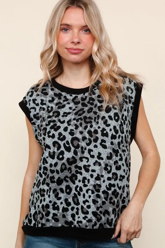Haptics Leopard Print Dolman Cap Sleeve Knit Top