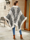 Checkered Faux Fur Trim Poncho - felvior
