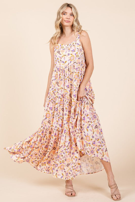 Mittoshop Flower Print Tiered Sleeveless Empire Maxi Dress - felvior