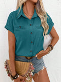 Pleated Detail Collared Neck Short Sleeve Shirt - felvior