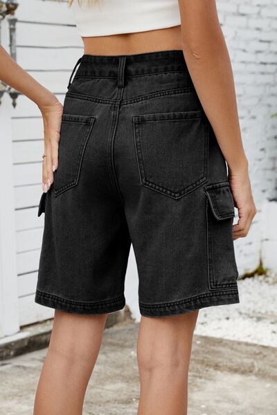 High Rise Denim Shorts with Cargo Pockets - felvior