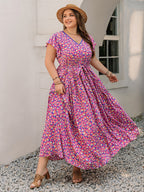 Plus Size Printed V-Neck Flutter Sleeve Tie Waist Maxi Dress