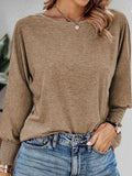 Round Neck Smocked Lantern Sleeve T-Shirt - felvior