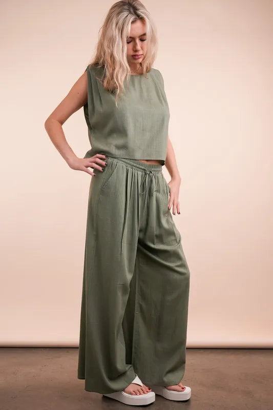 VERY J Solid Woven Top & Pants Set