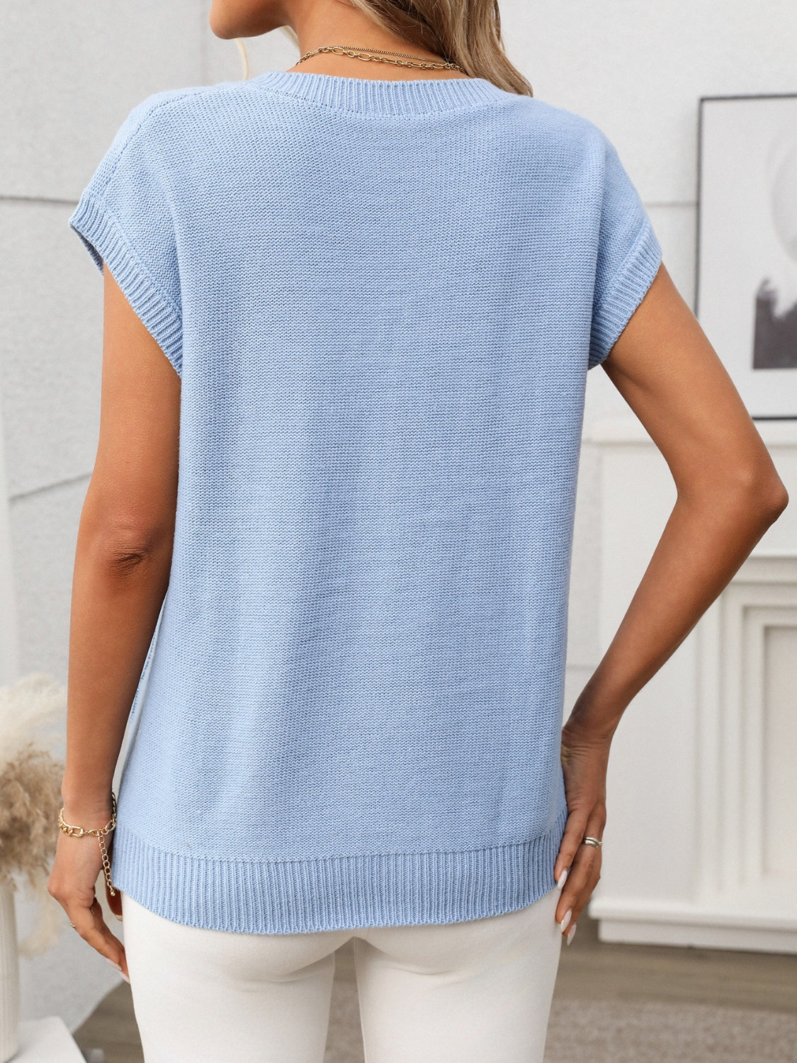 Cable-Knit V-Neck Short Sleeve Knit Top - felvior